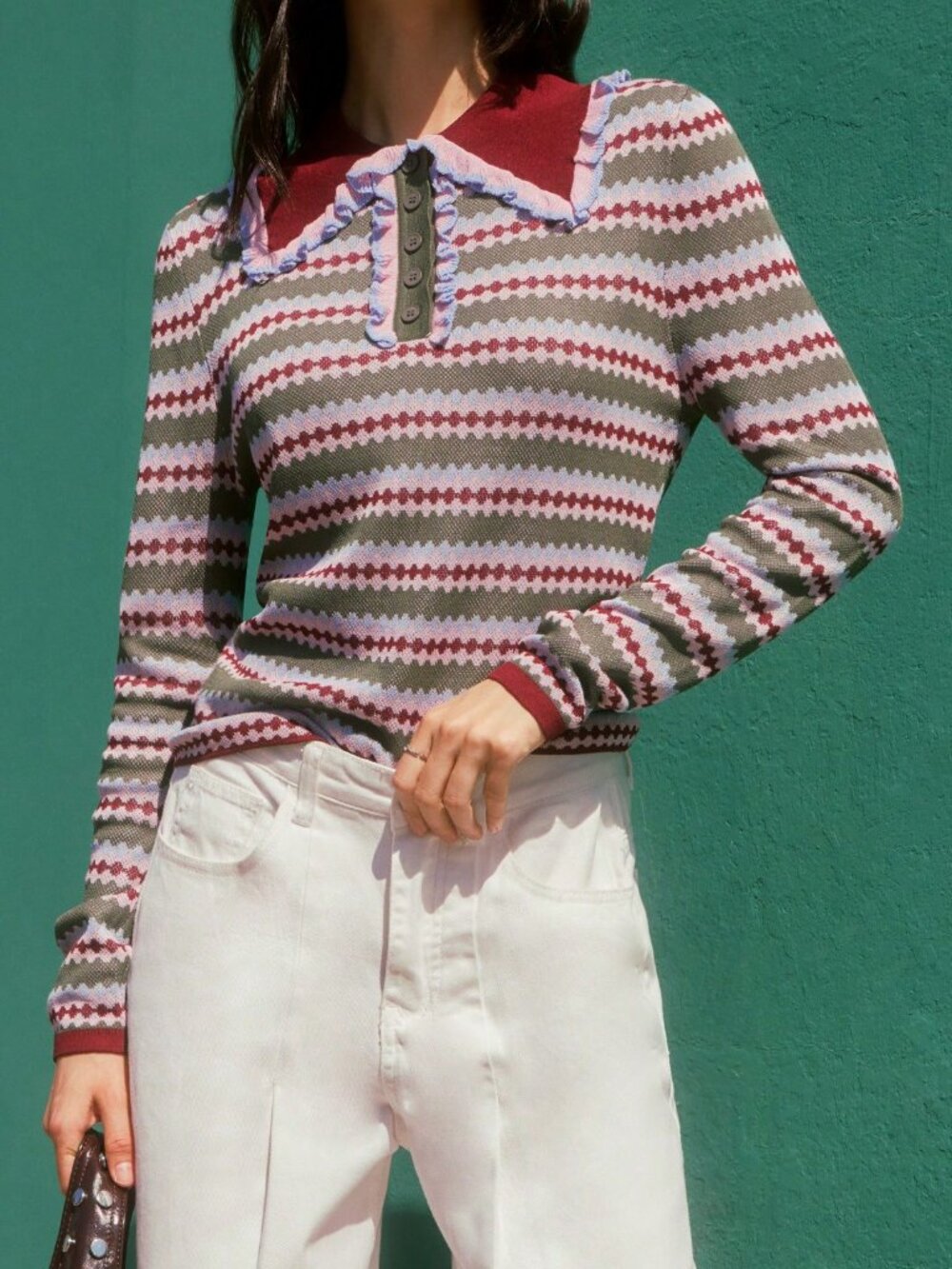 Green Casual Women's Striped Knit Polo Pullover
